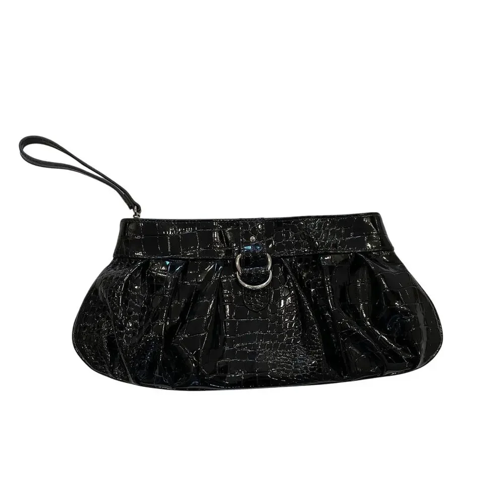 Apt. 9 Black Faux Patent Leather Crocodile Embossed Clutch Purse, Snap Closure